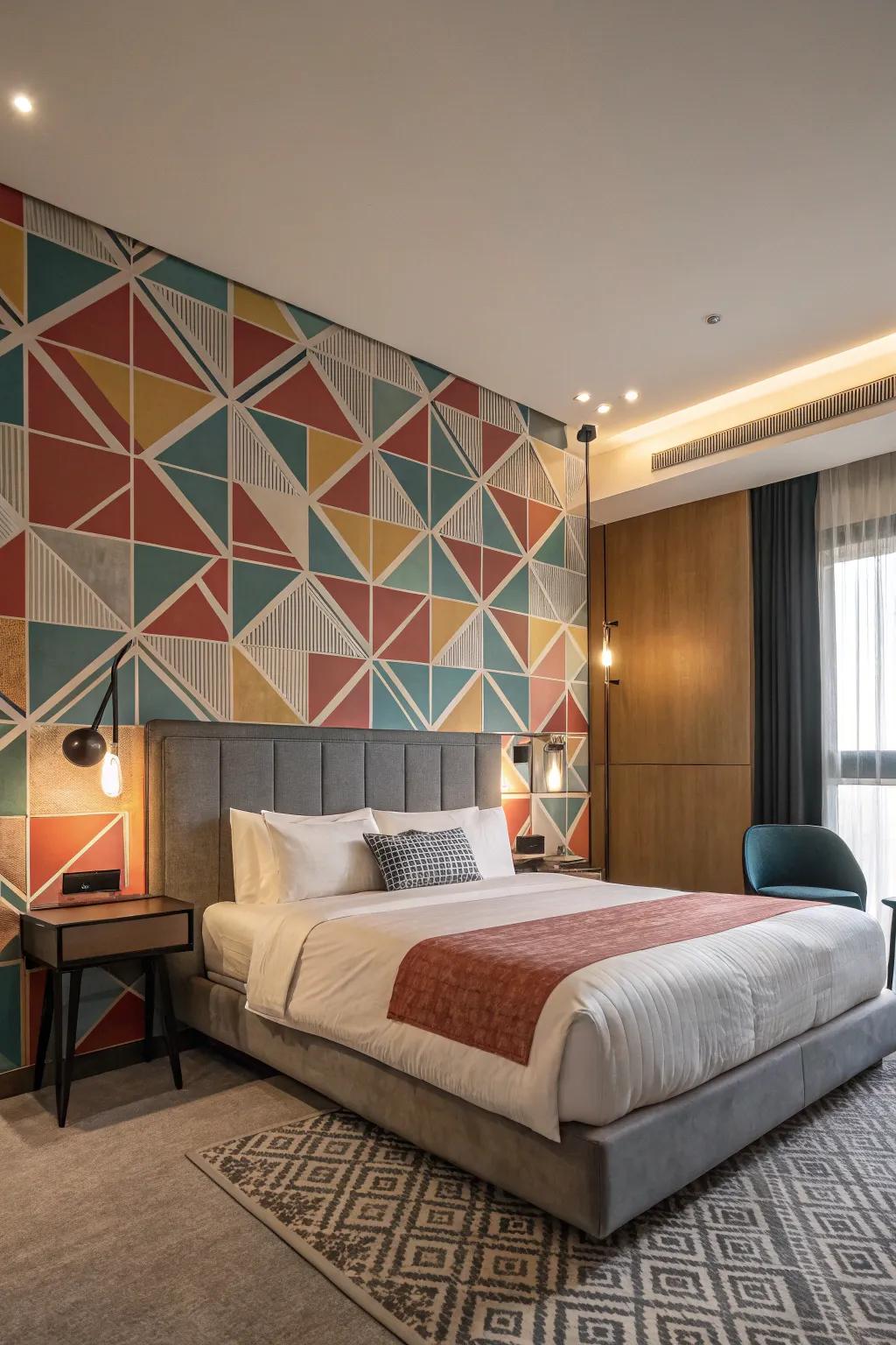 Geometric patterns contribute a contemporary feel to bedroom décor.