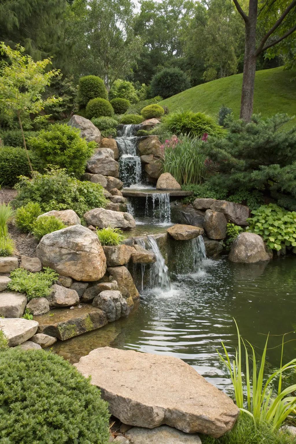 A rocky cascade waterfall adds a natural touch to your garden.