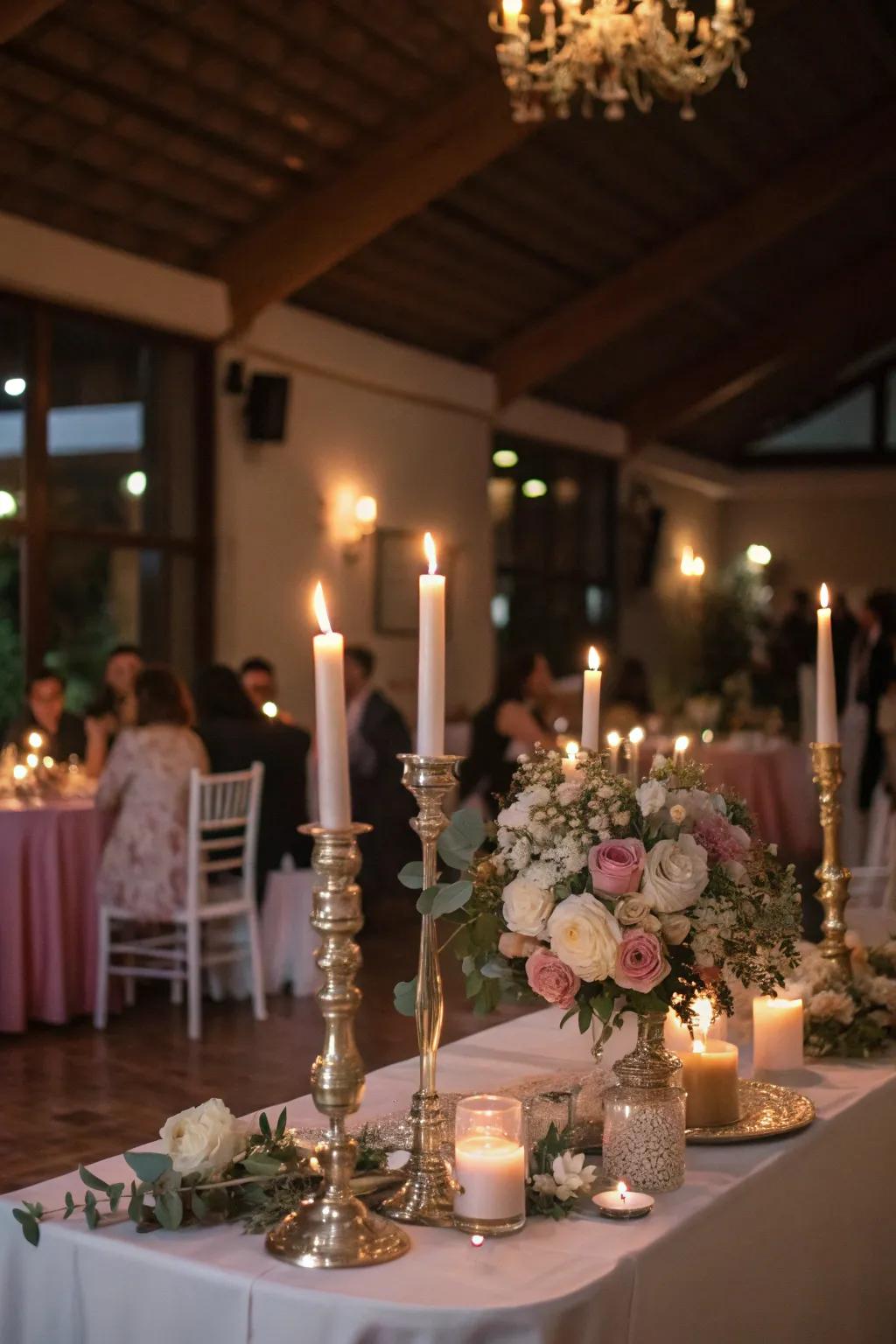 A tablescape illuminated by candlelight cultivates an intimate atmosphere.