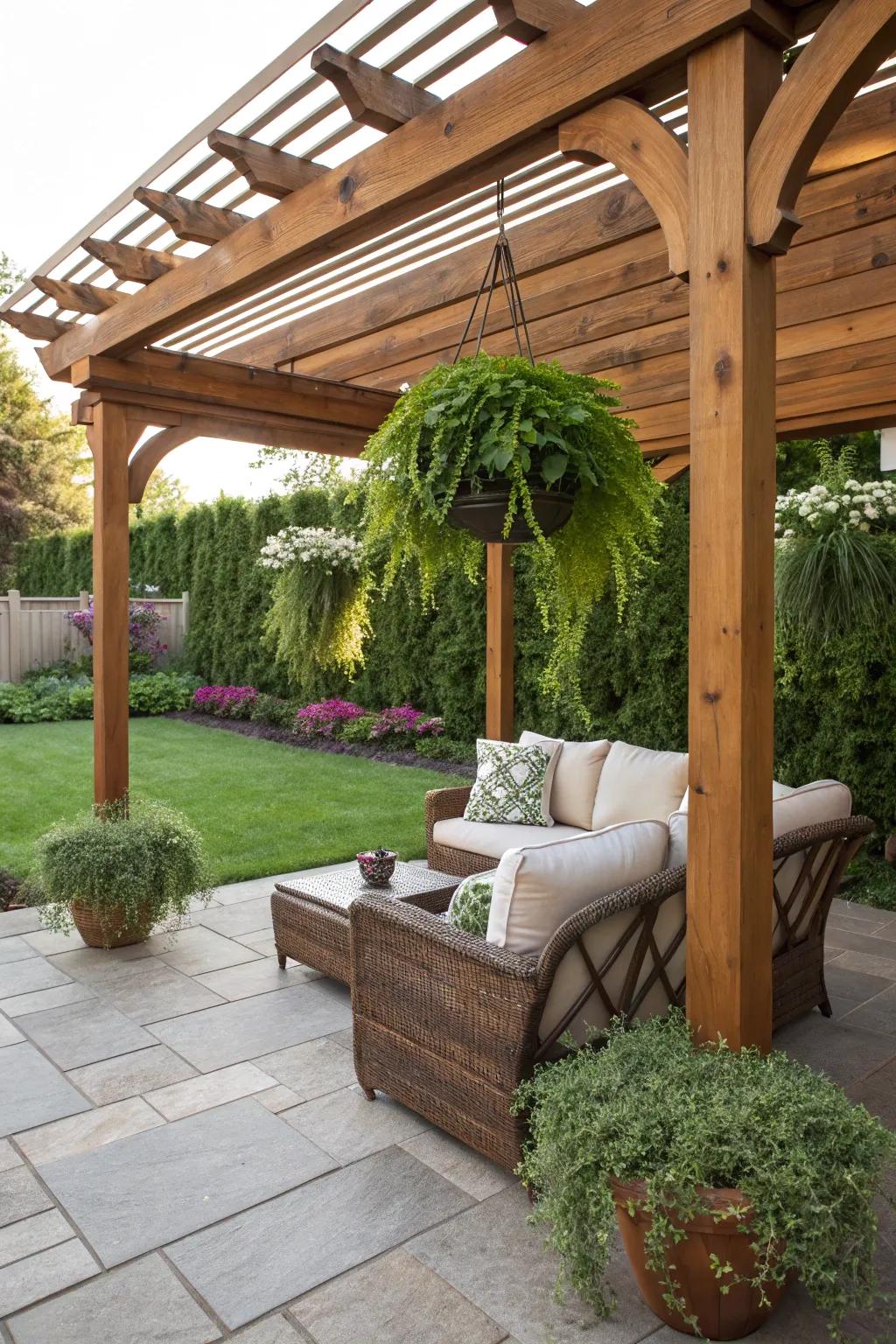 A wooden pergola providing shade and charm to a western-style patio.