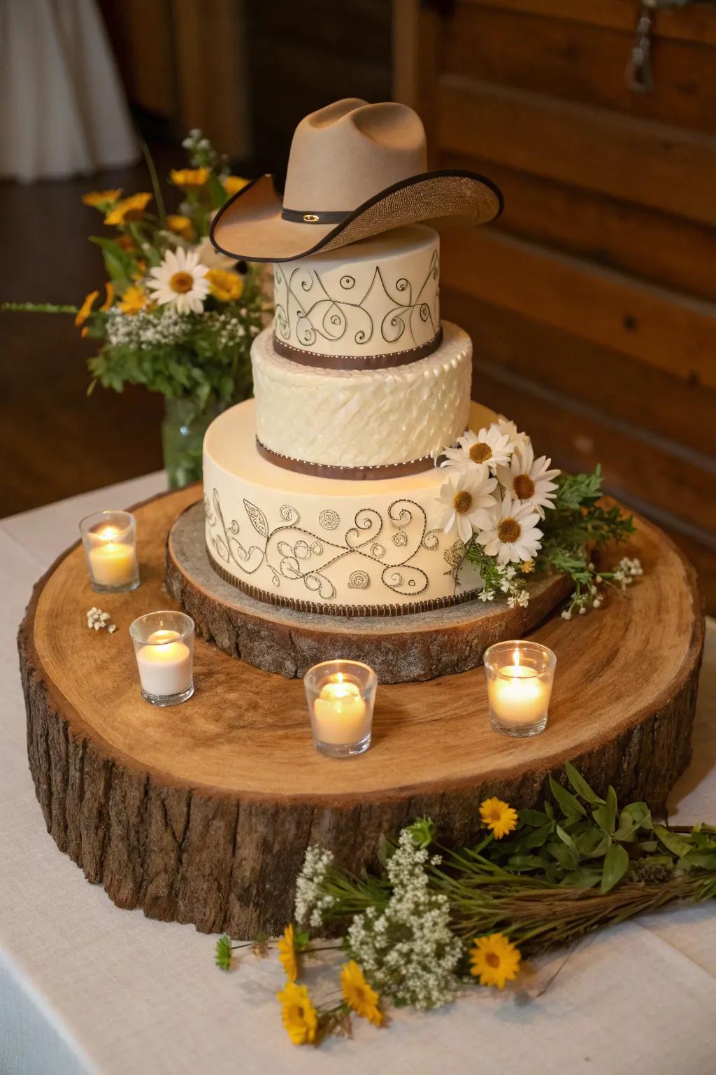 Western wedding cake on a rustic wooden base.