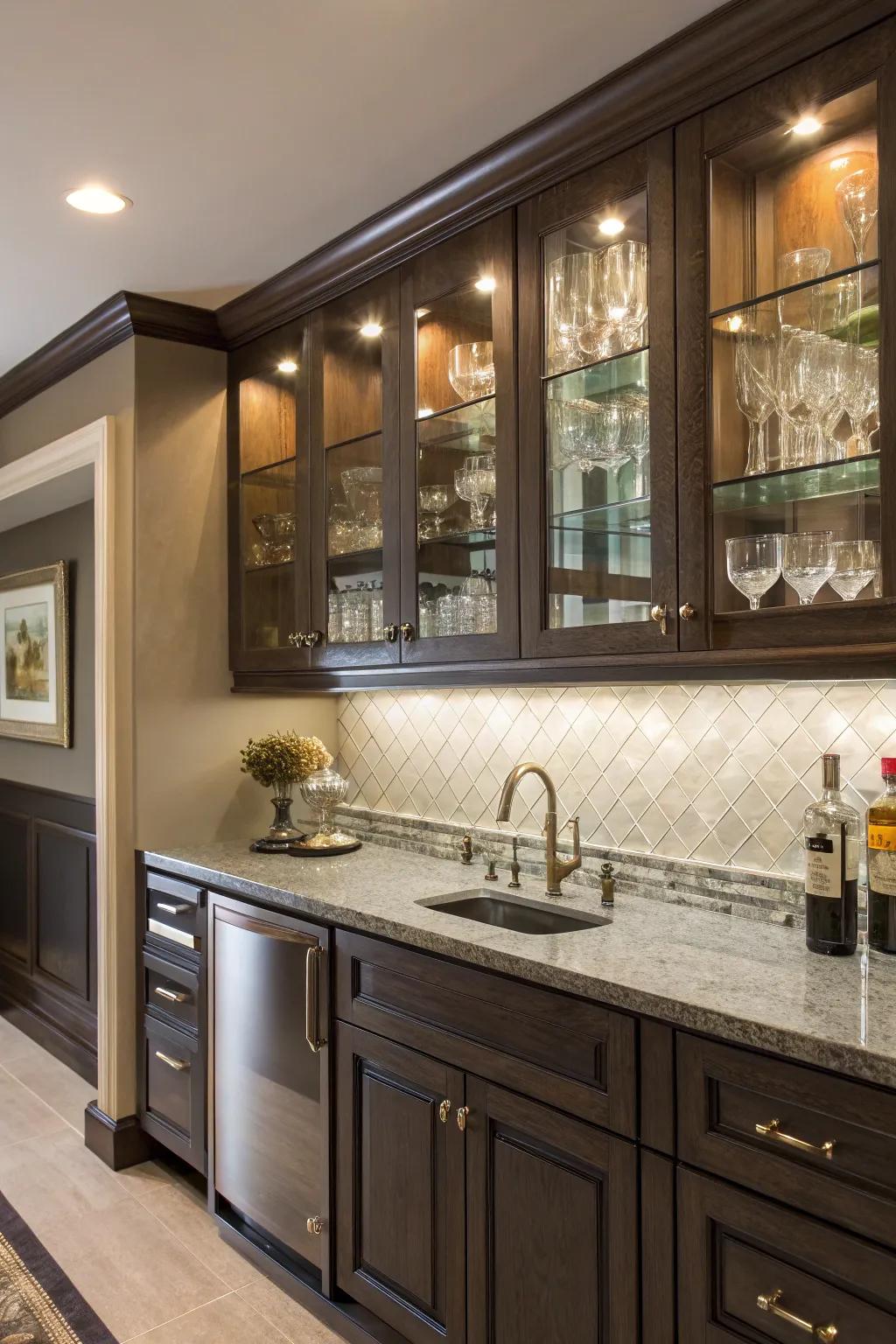 Show off your glassware in sophisticated upper see-through cabinets.