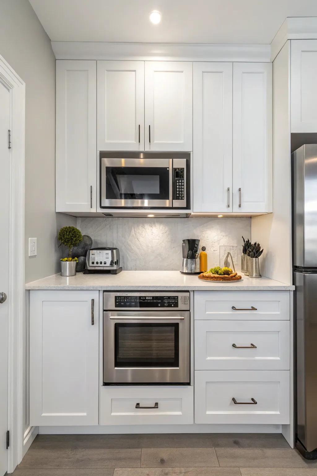 A microwave perfectly integrated into kitchen cabinets for a streamlined look.