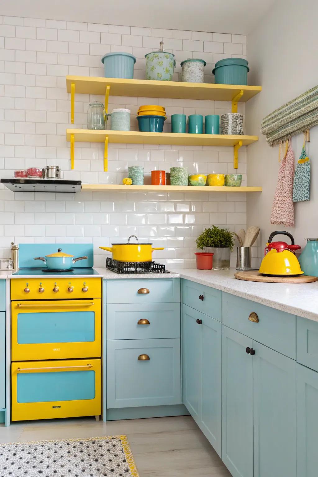 Bold colors breathe life into a whimsical kitchen space.