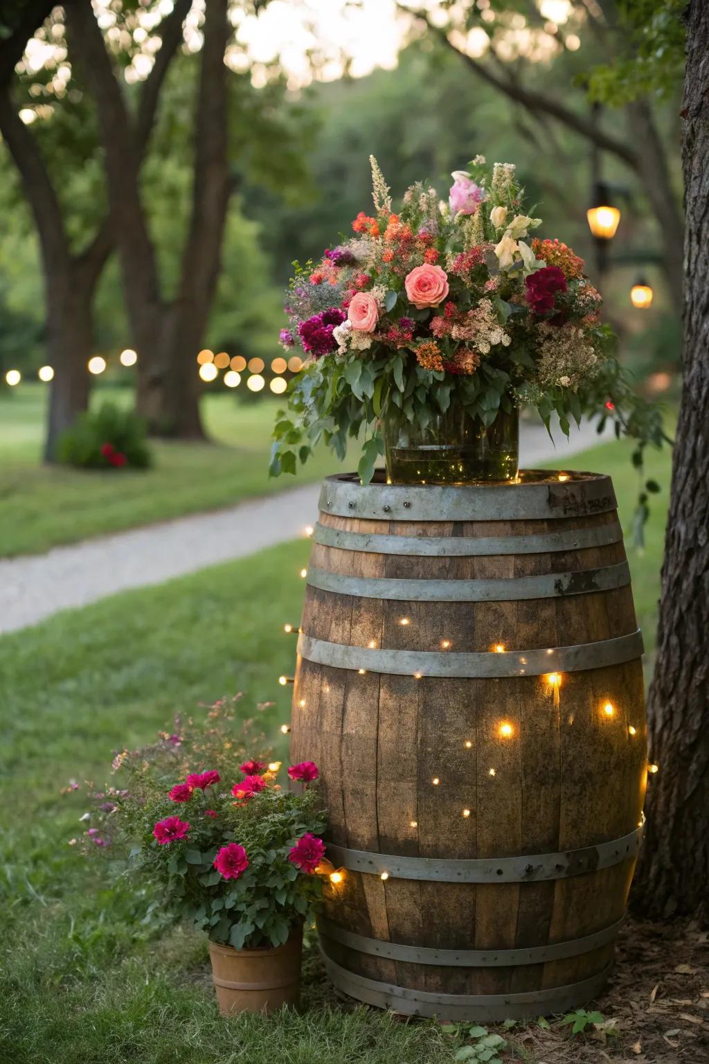 A traditional cask pot graced with shimmering lights for a charming impression.