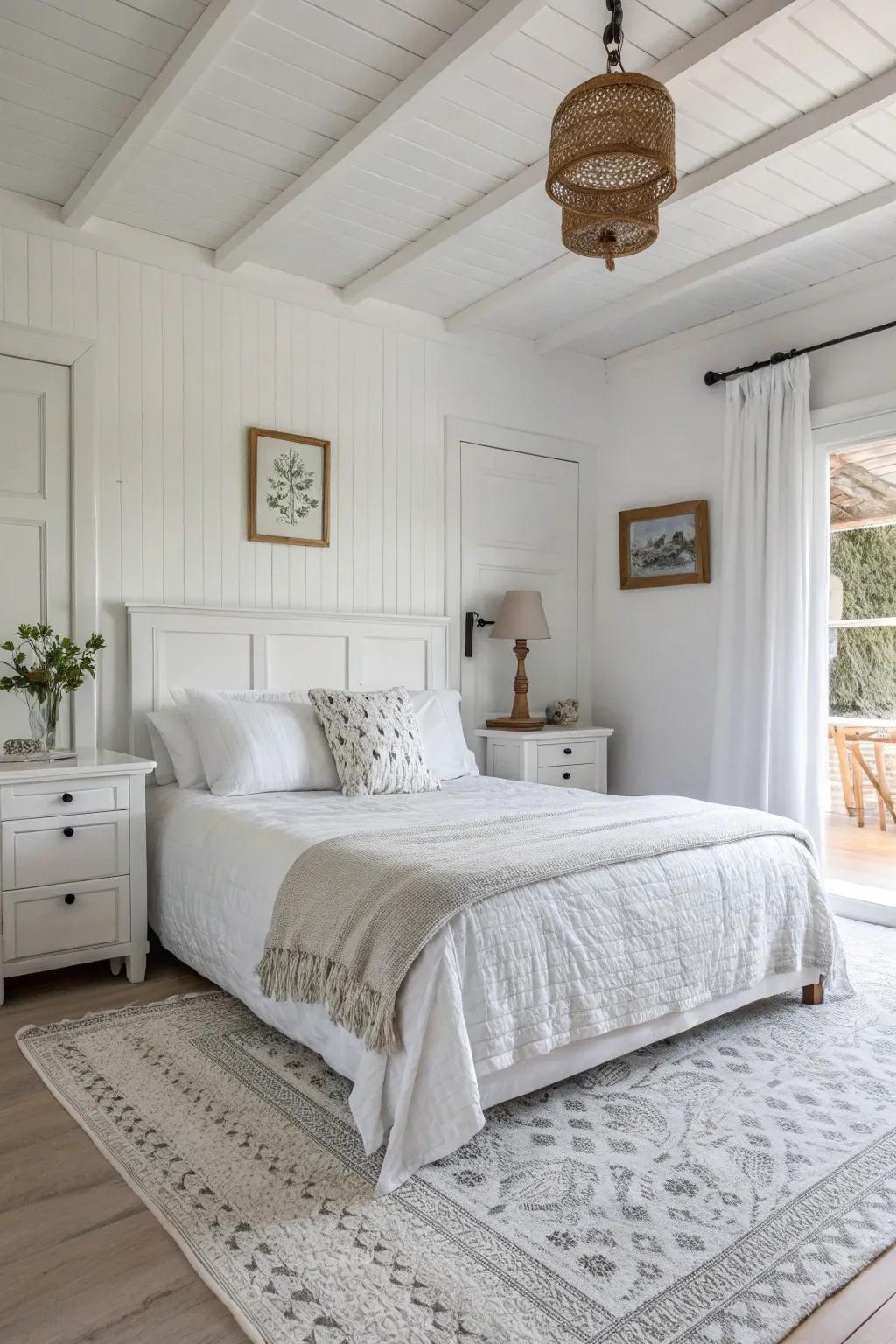 A monochrome palette in a white bedroom enhances light and space.