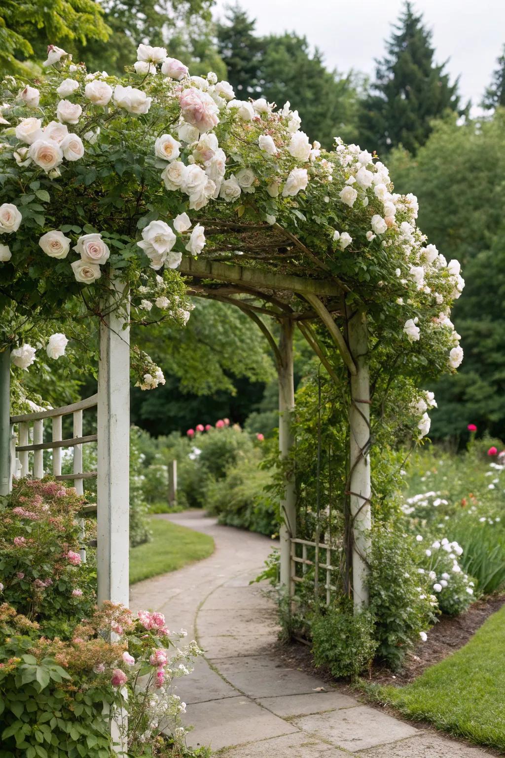 A white rose arbor creates a romantic focal point in the garden.