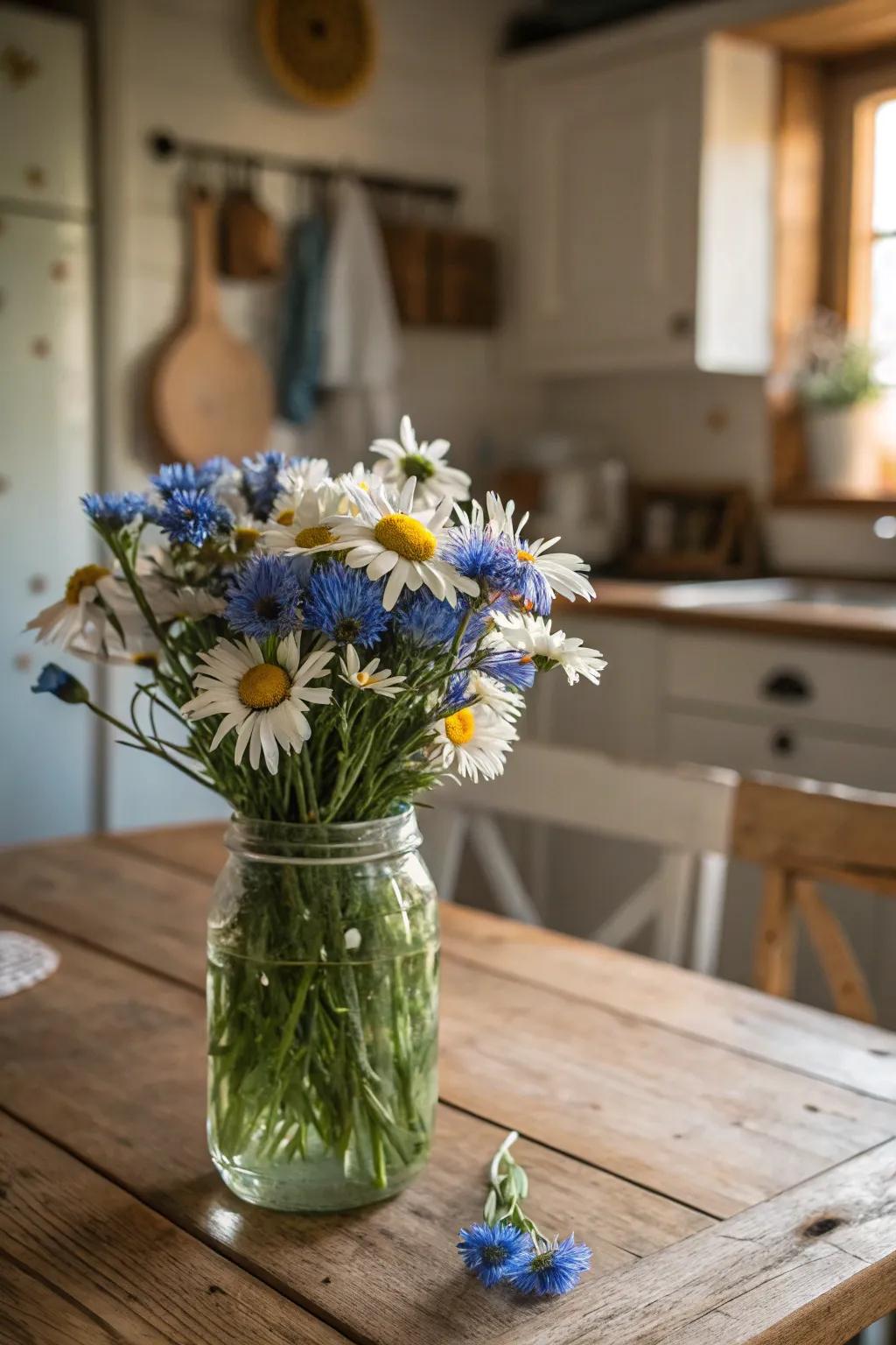 A simple mason jar transforms into a delightful centerpiece with wildflowers.