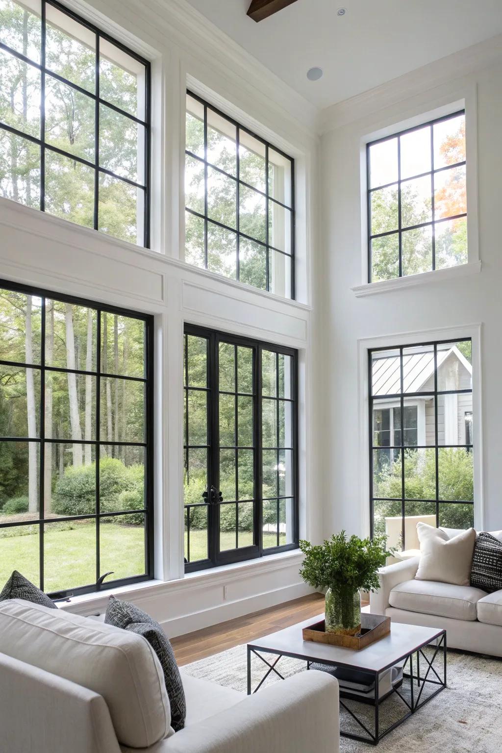 Black window trim adds a modern edge to a bright living room.