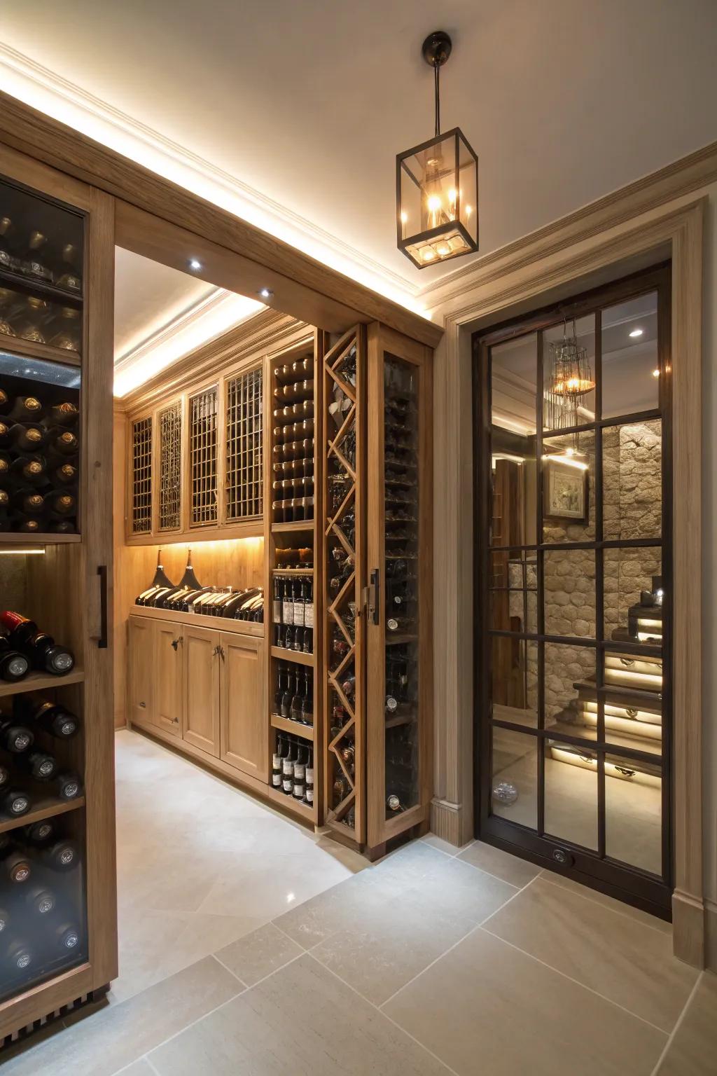 Gentle LED lighting adds coziness to the wine room’s atmosphere.