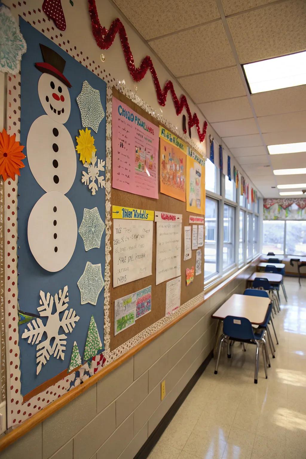A delightful exhibition of snowmen and snowflakes infuses a frosty allure into the classroom.