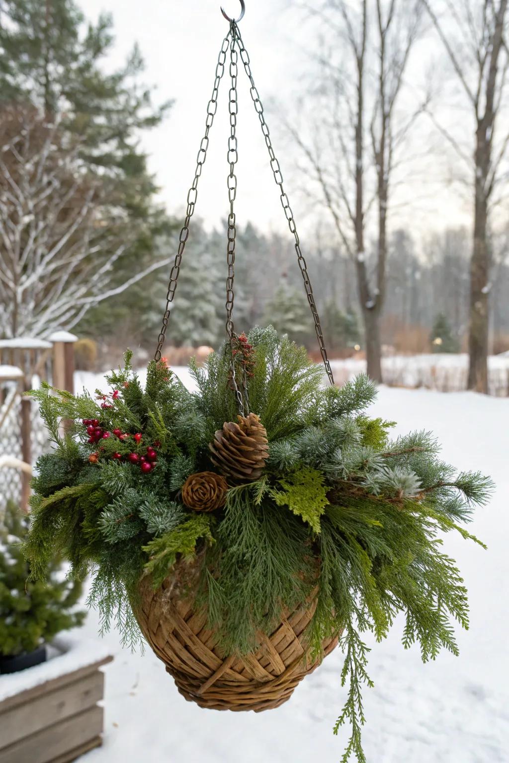 Evergreens add timeless elegance to winter baskets.