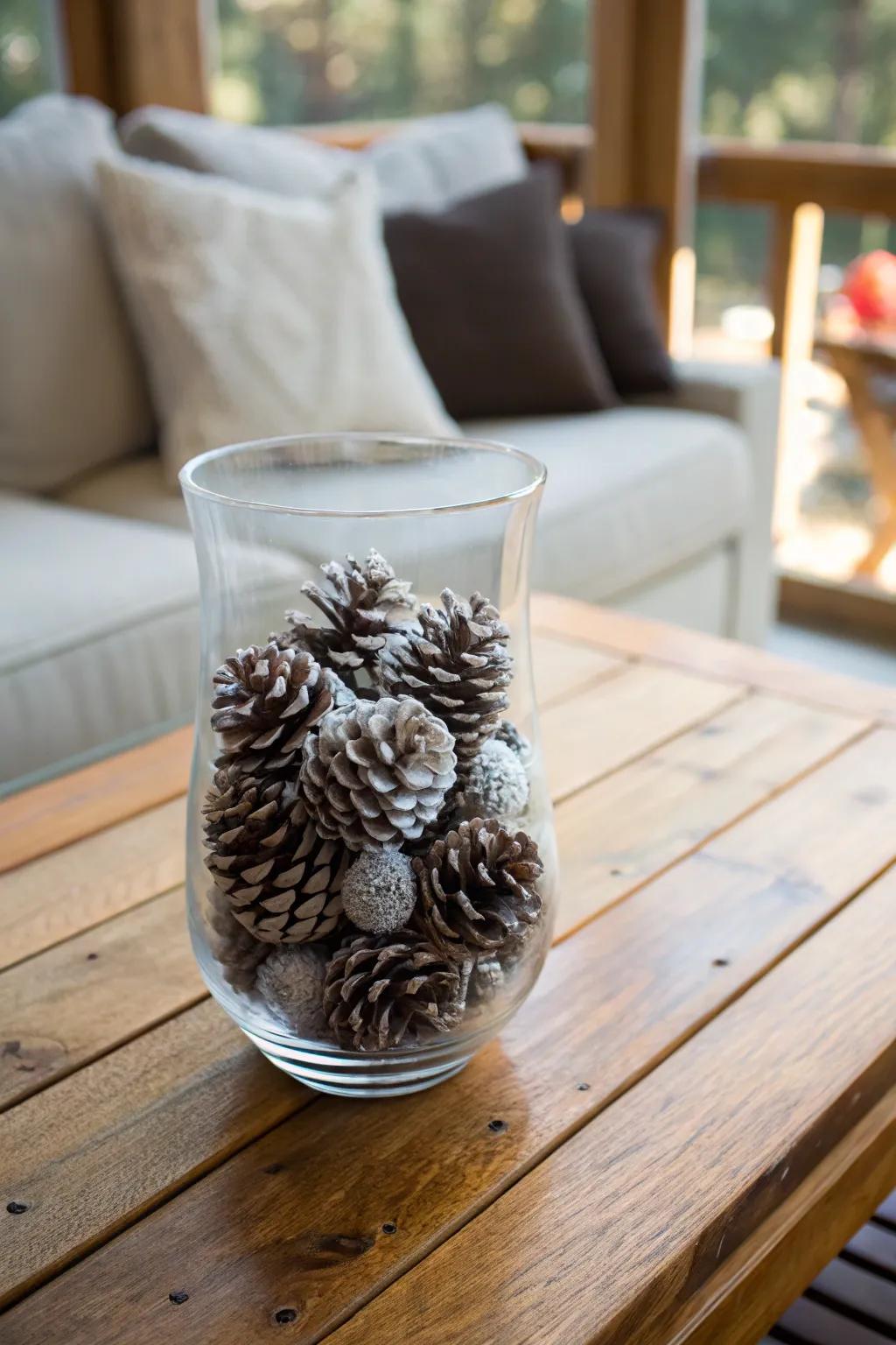 Frosted pinecones bring a touch of winter elegance to any room.