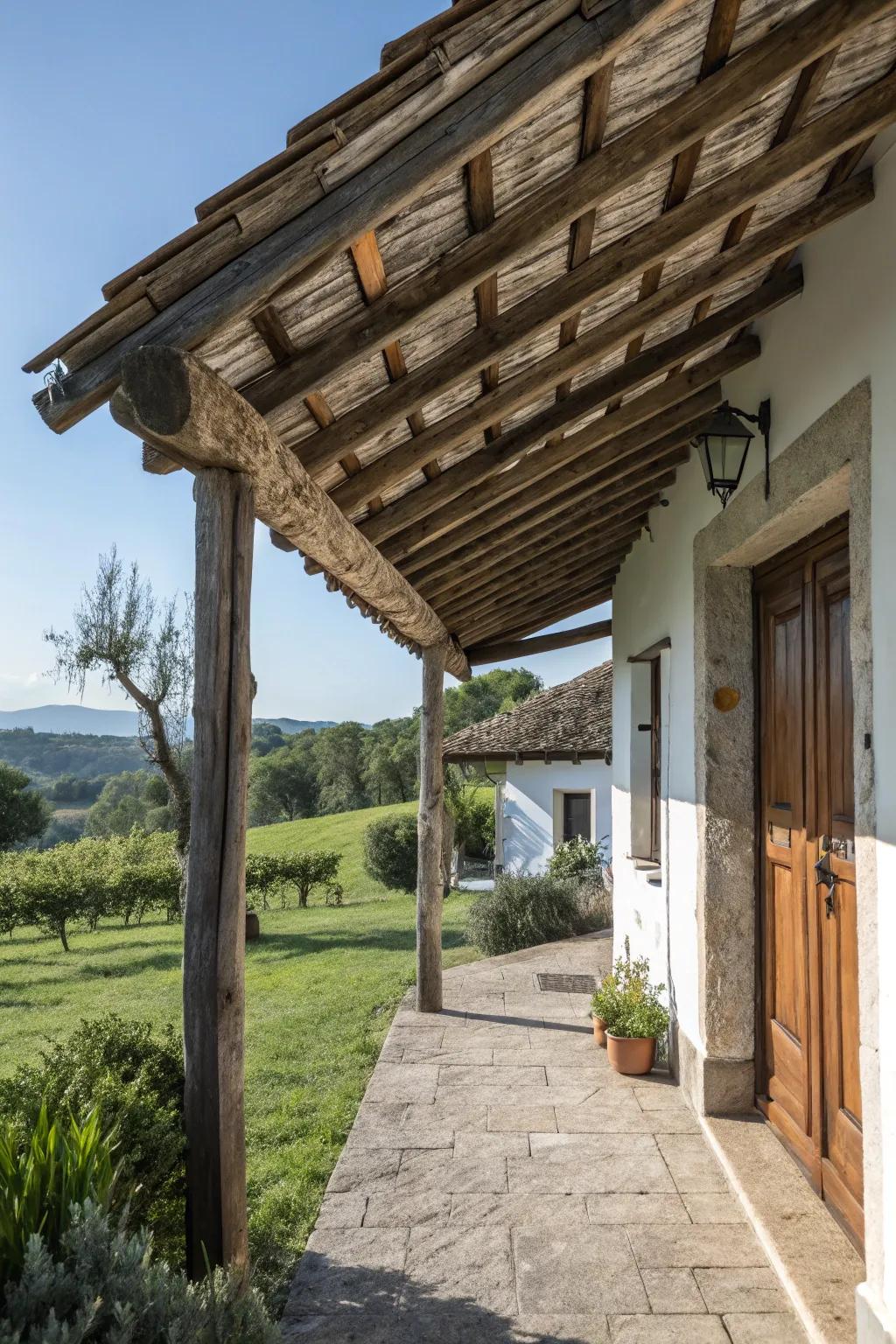 Rustic wooden beams create a charming awning.