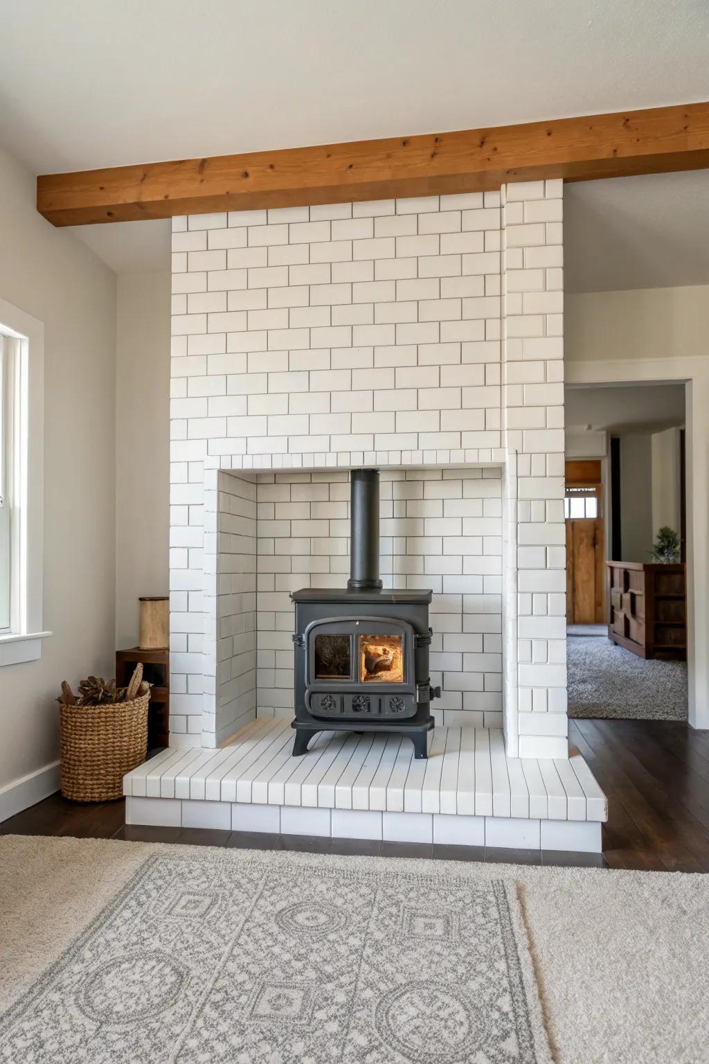 A minimalist tile surround creates a serene and modern look for your wood stove.