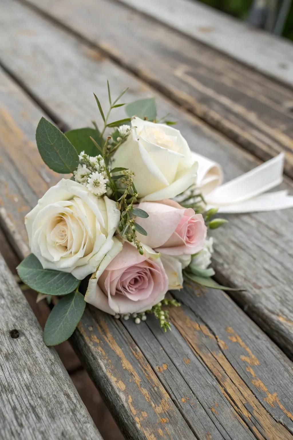 Traditional rose wrist adornment with pale and pink hues.