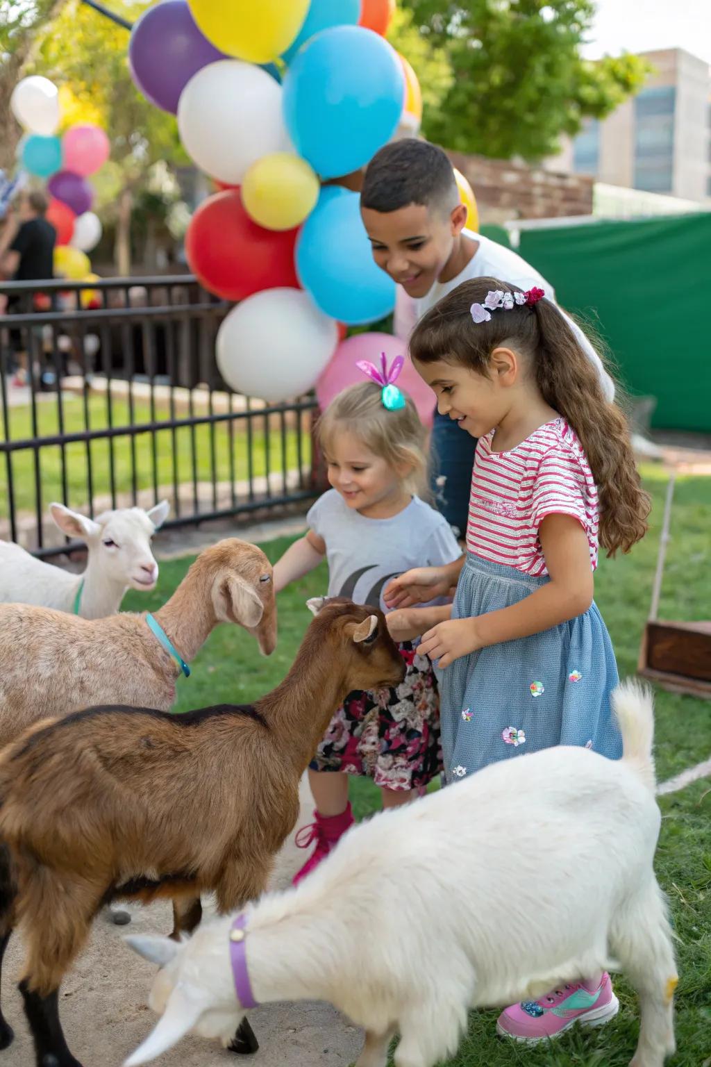 A petting zoo offers a delightful surprise for young party guests.