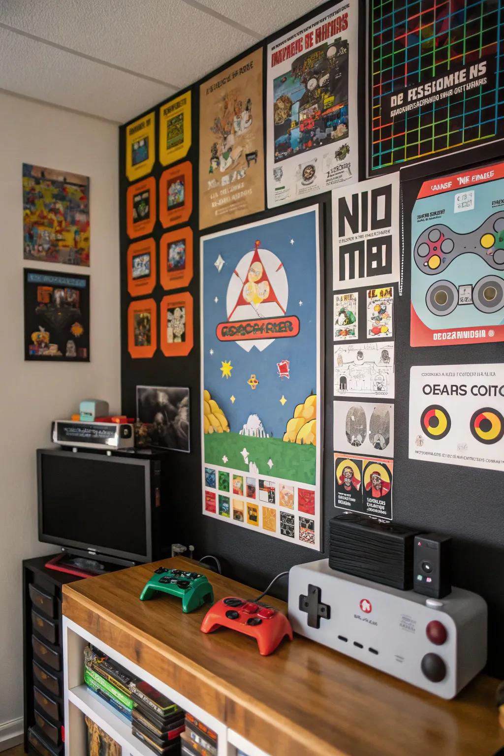 Retro video game graphics on a gaming-themed bulletin board.