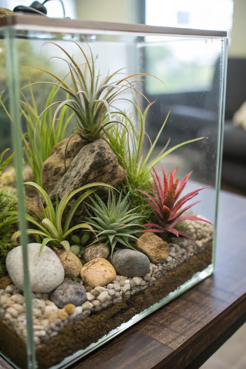 An aquarium transformed into a unique air plant display.