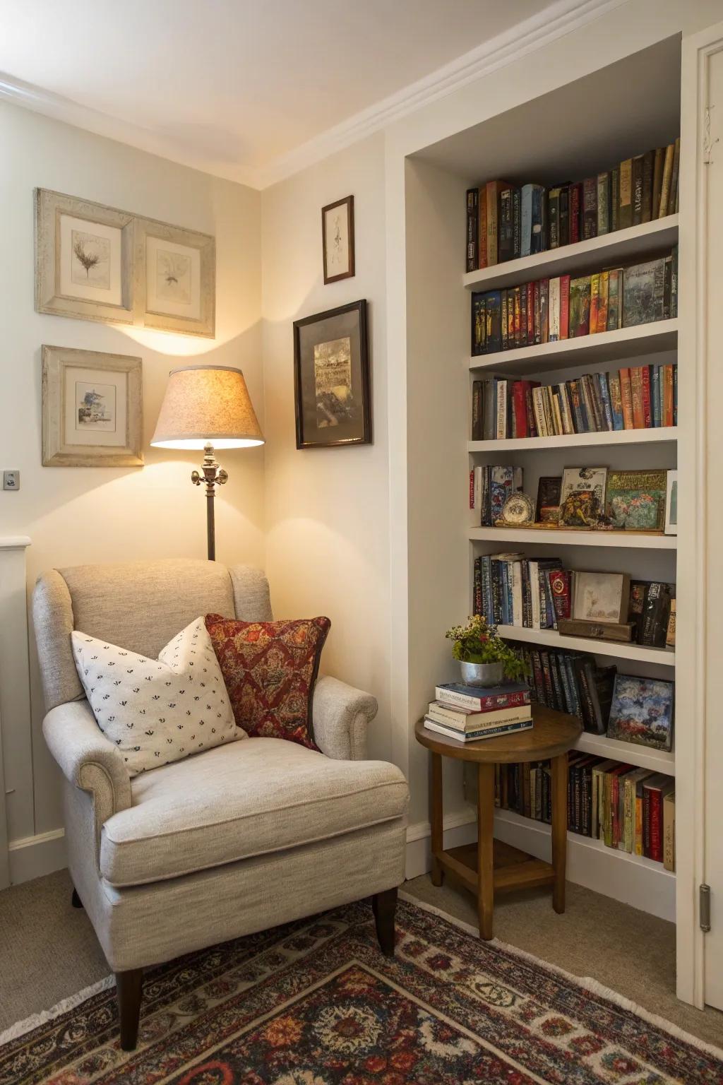 A cozy reading nook utilizes corner space in this small living room.