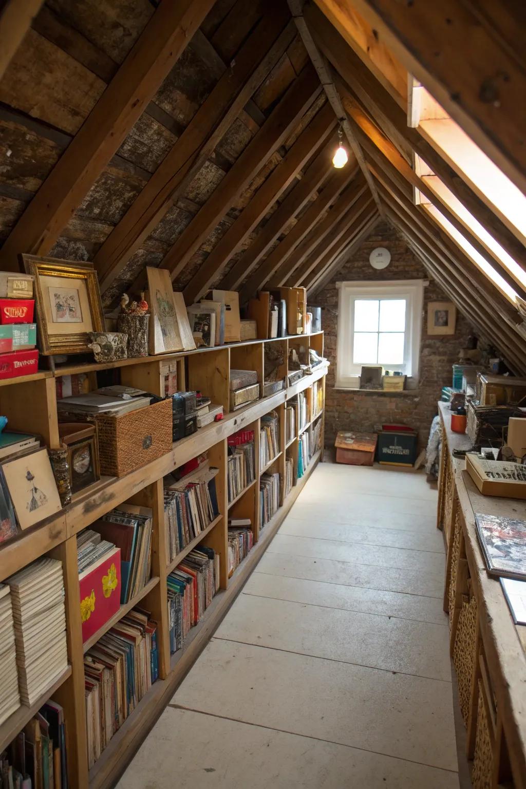 Shelving between rafters maximizes every inch of your attic.