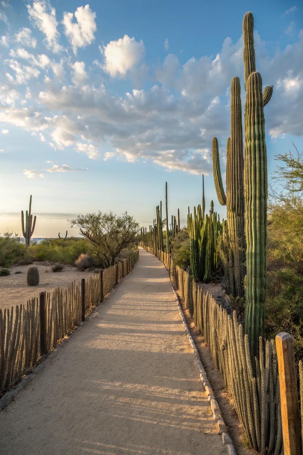 Cactus fences create natural borders along pathways.