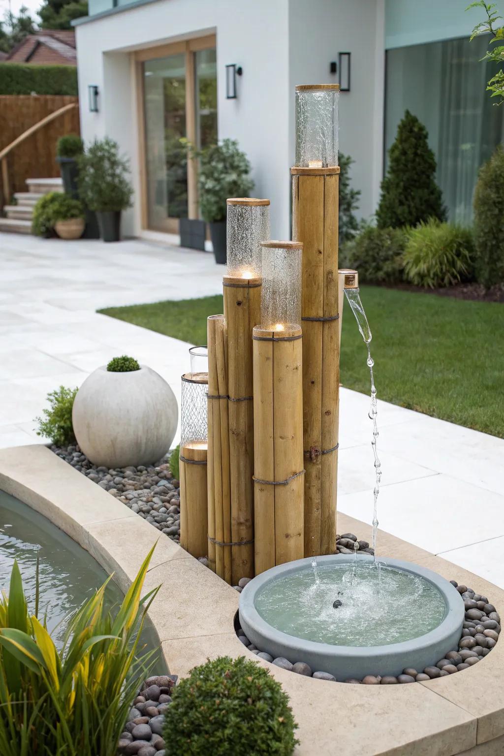 A modern bamboo fountain with stylish glass accents.