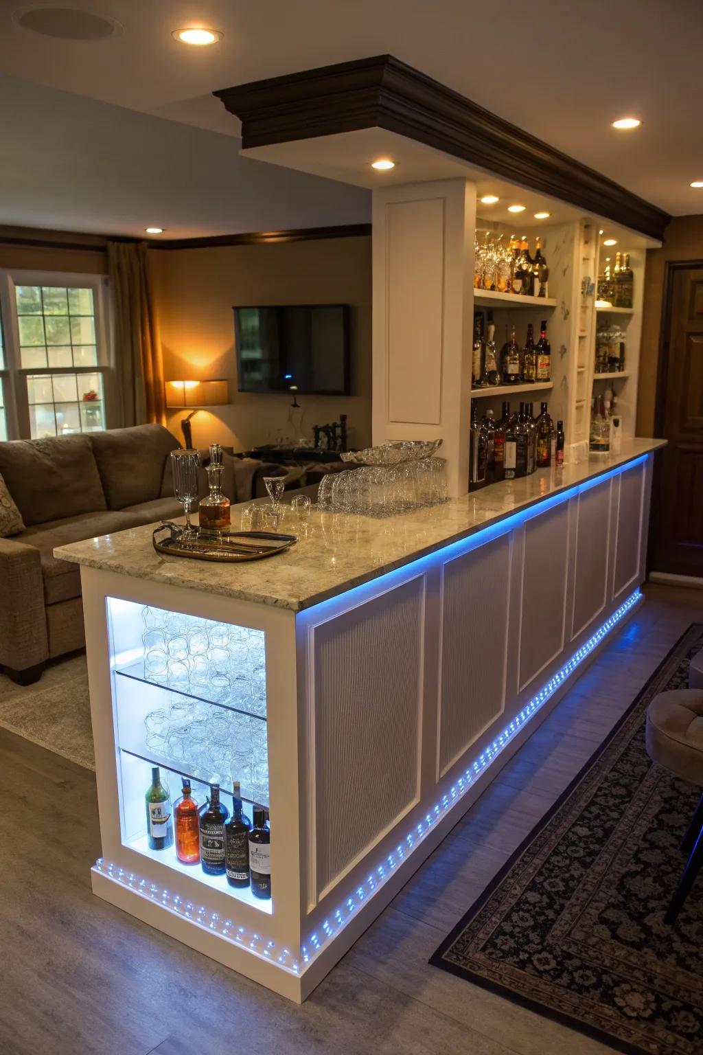 Under-bar edge lighting adds a special glow to the bar.