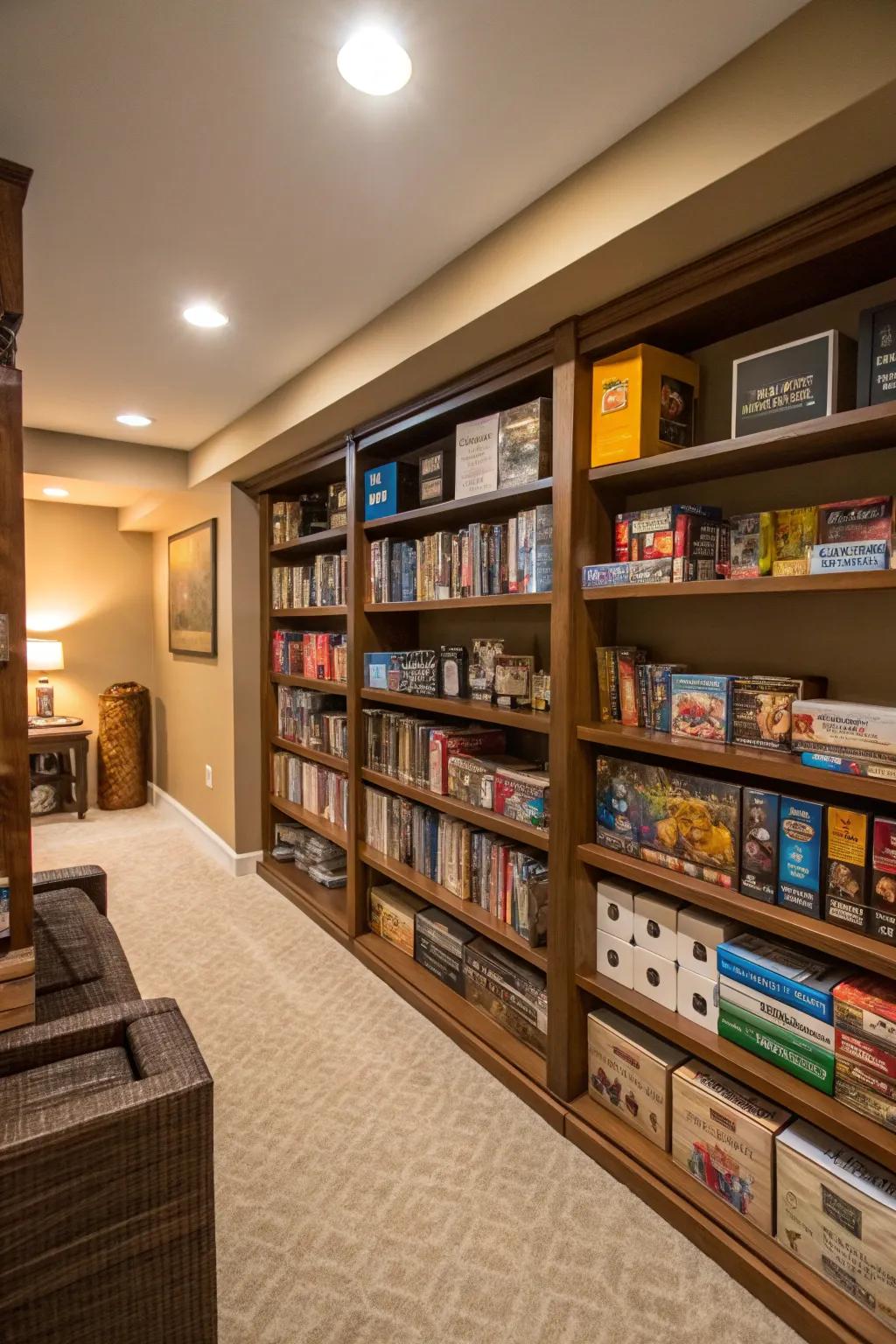 A board game showcase blends storage with style.