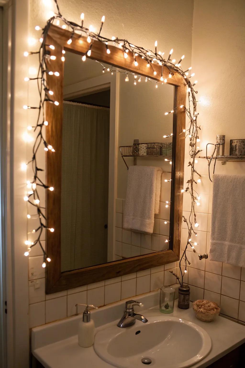 String lights add a magical touch to this bathroom mirror.