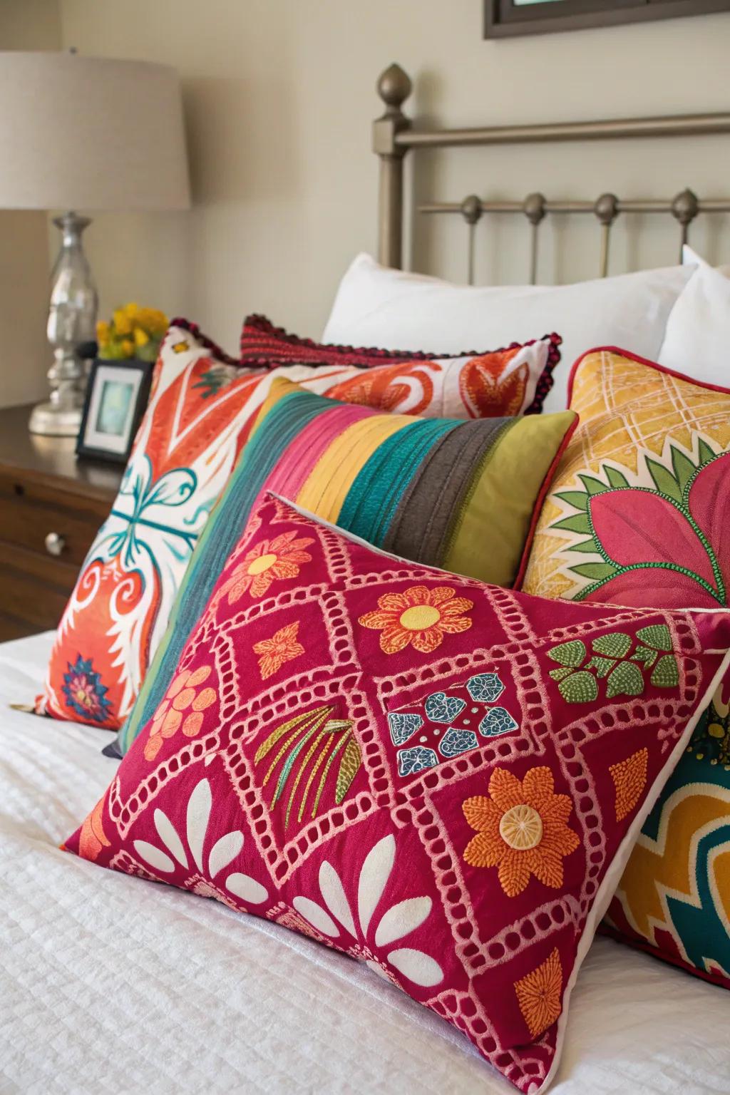 A bold and eclectic pillow setup for those who love color and energy.