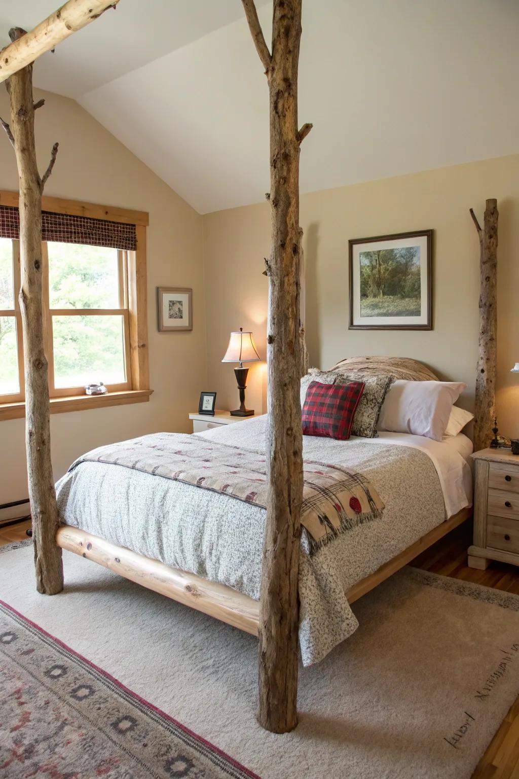 Raw tree branch bedposts bring a serene, natural touch to the bedroom.