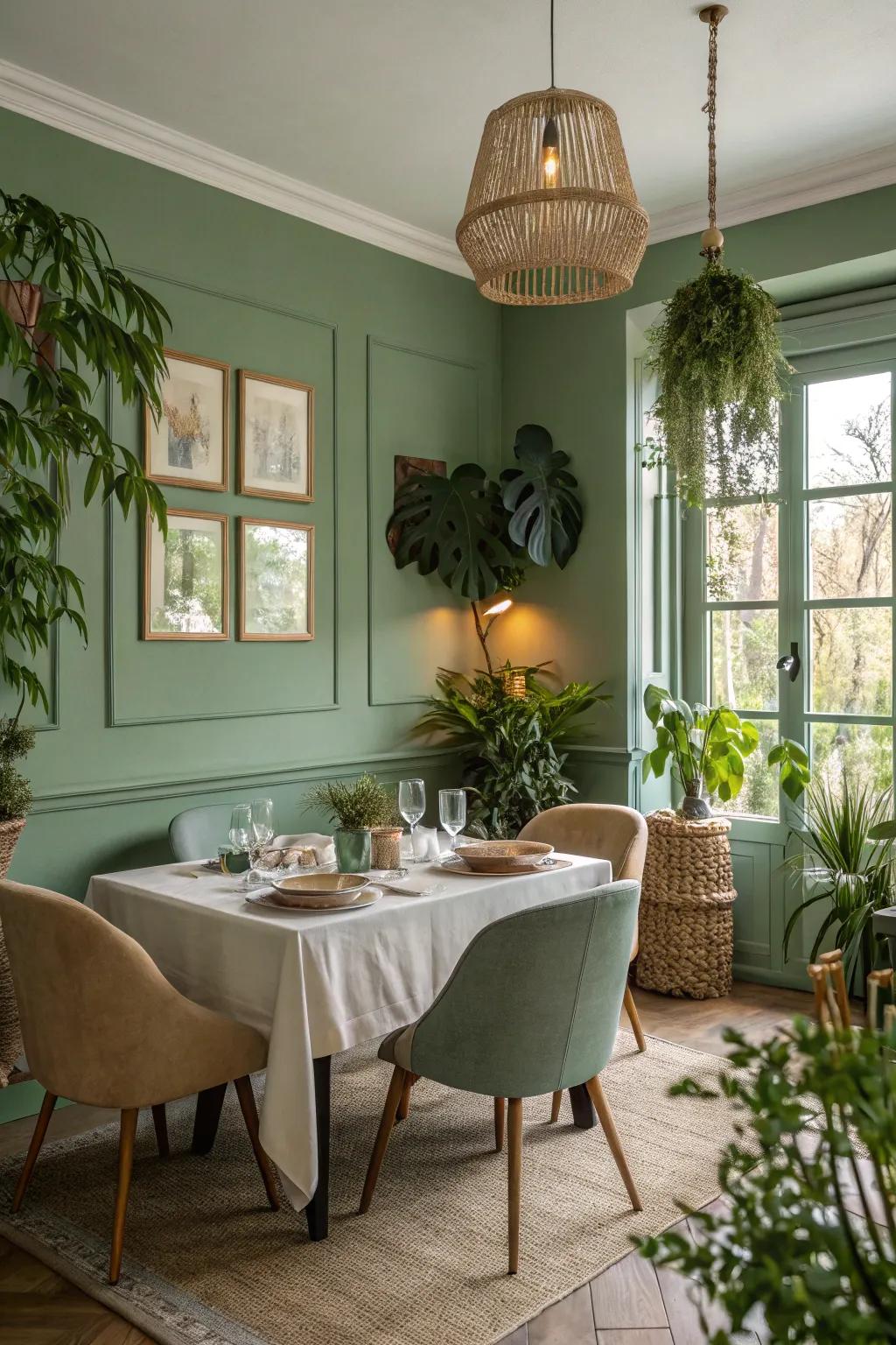 Sage green brings a touch of nature's calm to dining rooms.