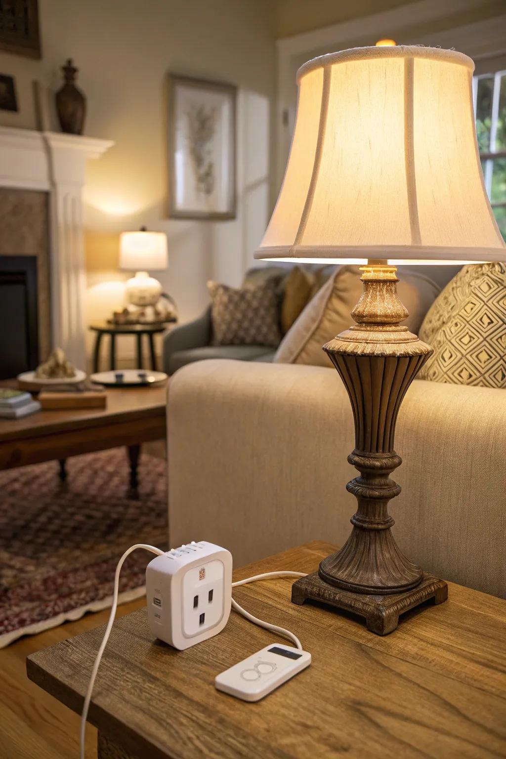 A smart plug provides remote control to a designer lamp, integrating technology seamlessly into the living space.