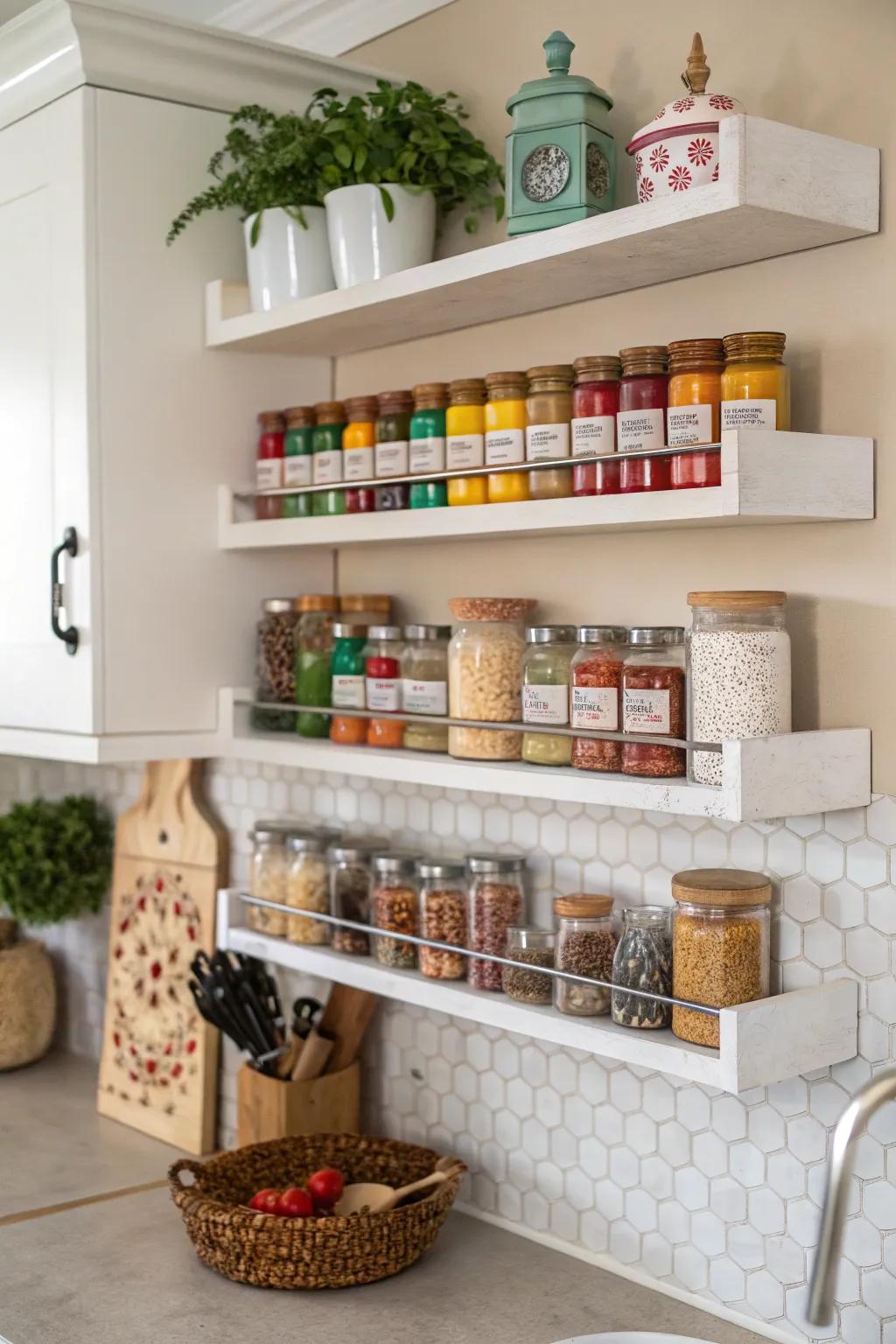 Floating shelves for a stylish spice display.