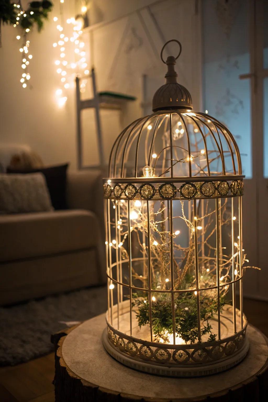 Fairy lights transform a bird cage into a magical feature.