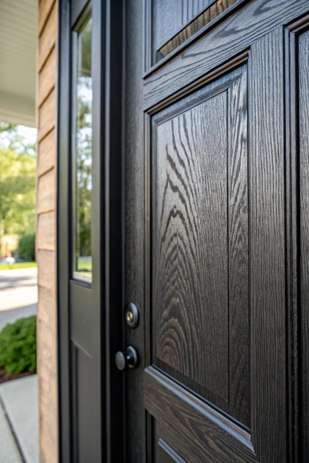 A textured black woodgrain door offering rustic elegance.