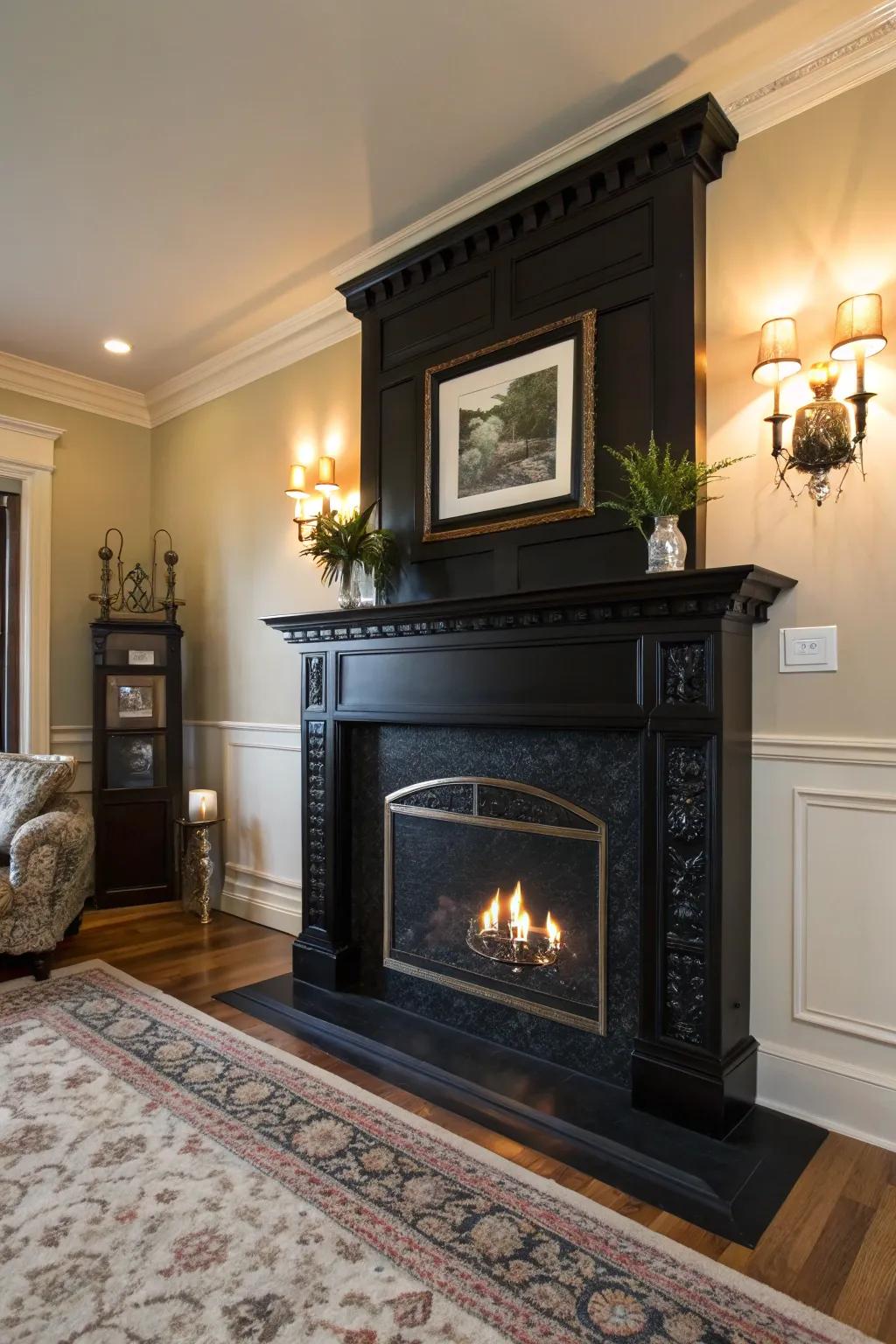 A black-painted fireplace as the room's focal point.