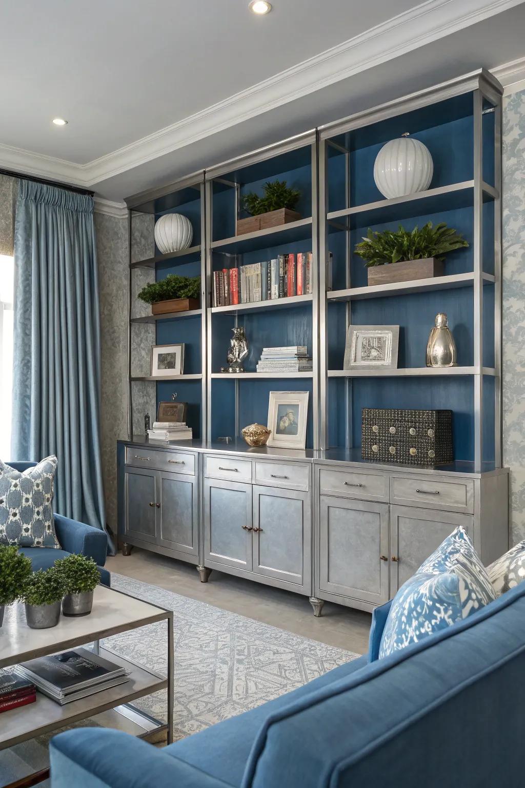 Custom racks in blue and silver contribute design and usefulness to this family room.