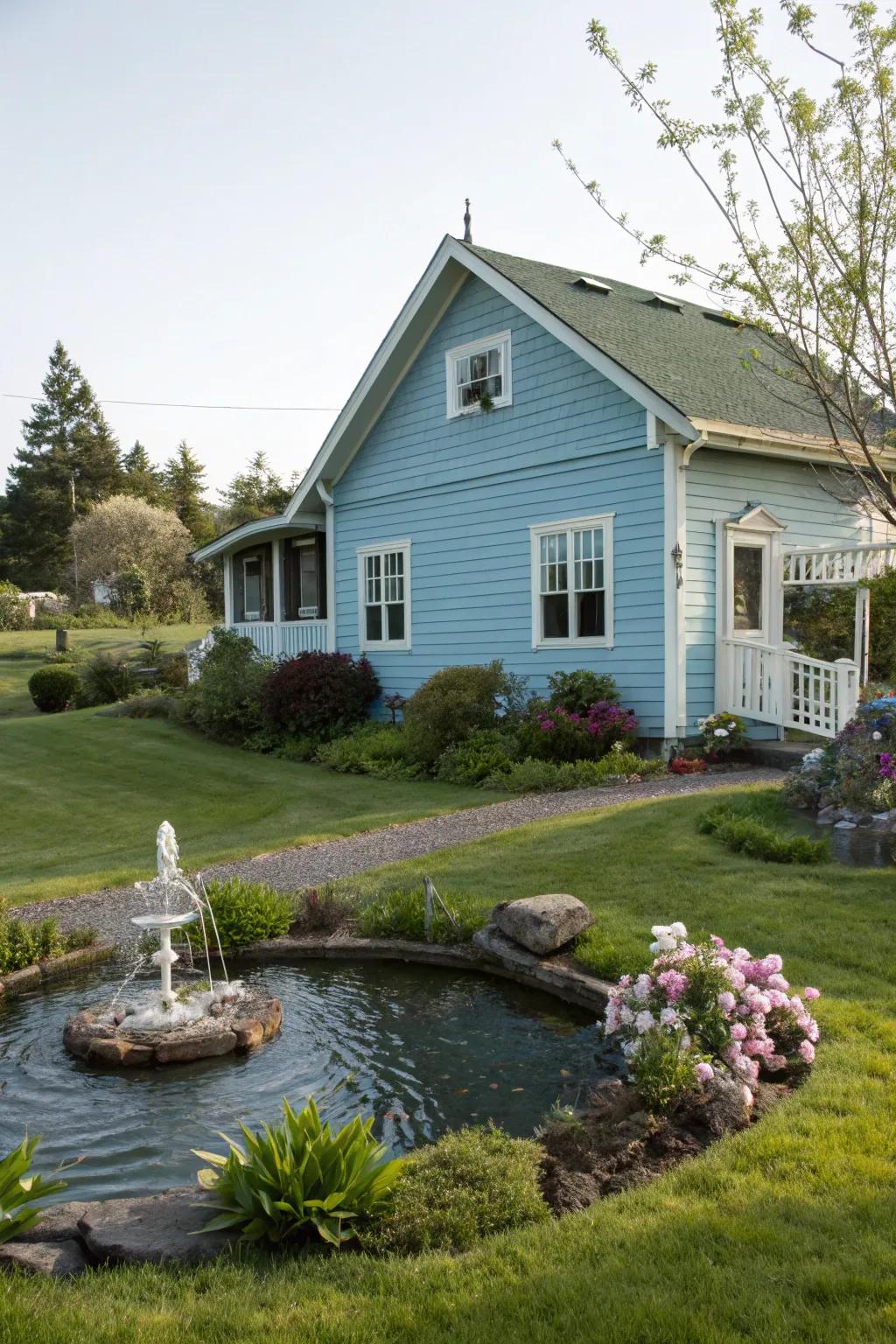 A water feature adds tranquility and charm.