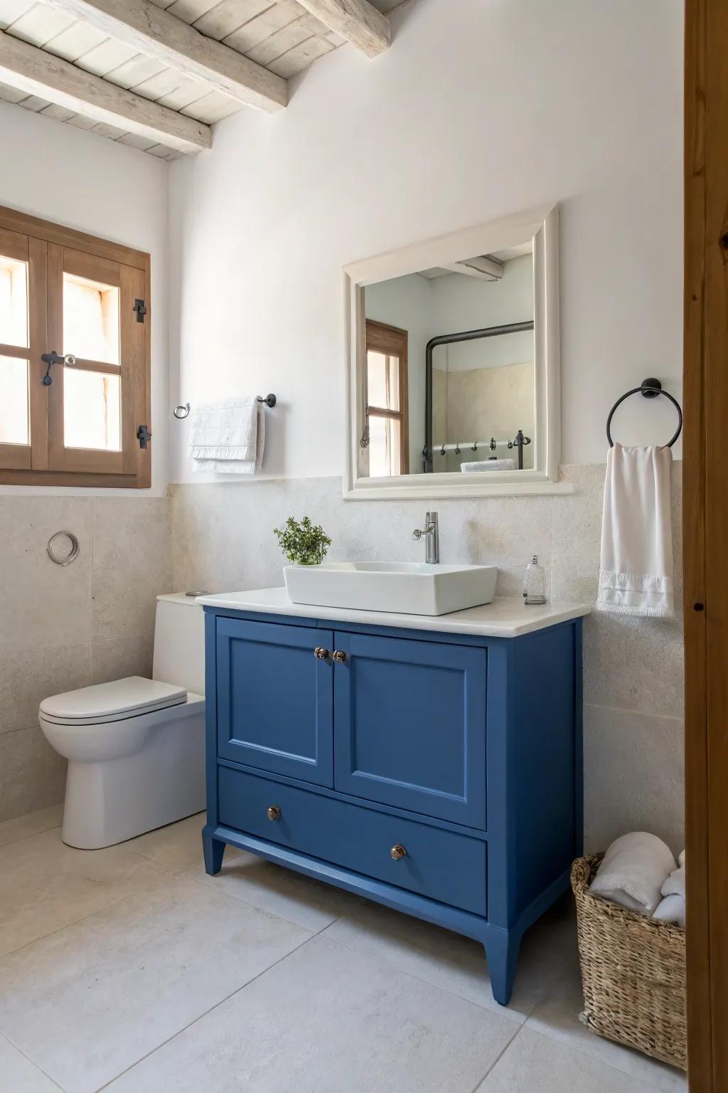 A minimalist blue vanity creates a serene and uncluttered space.