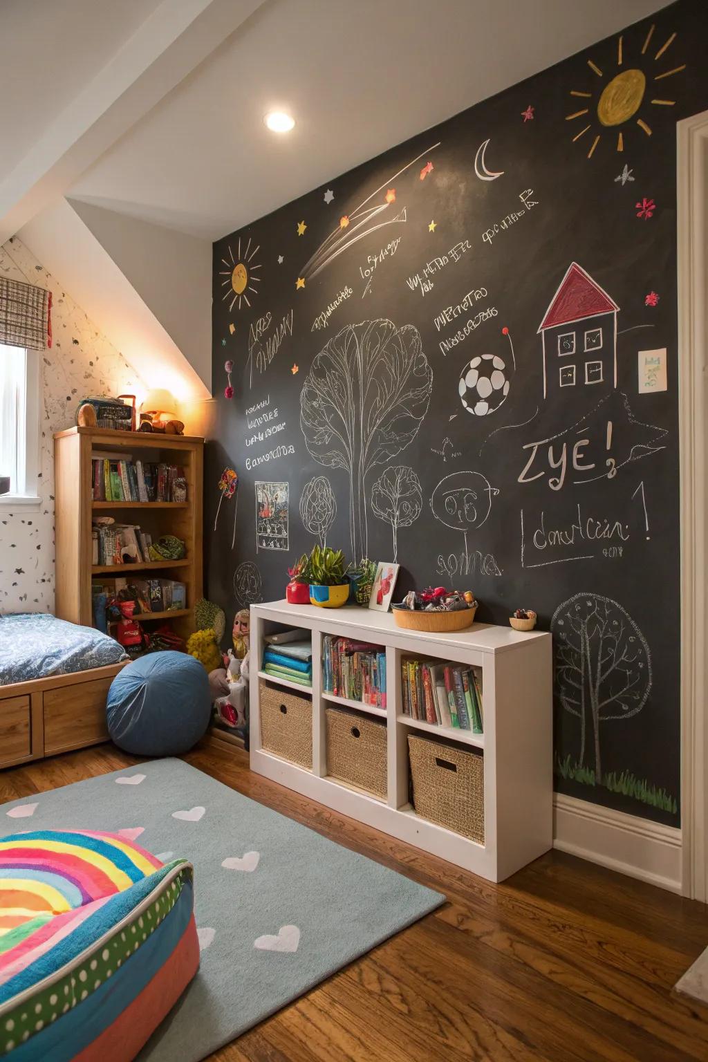 A chalkboard wall encourages creativity and learning.