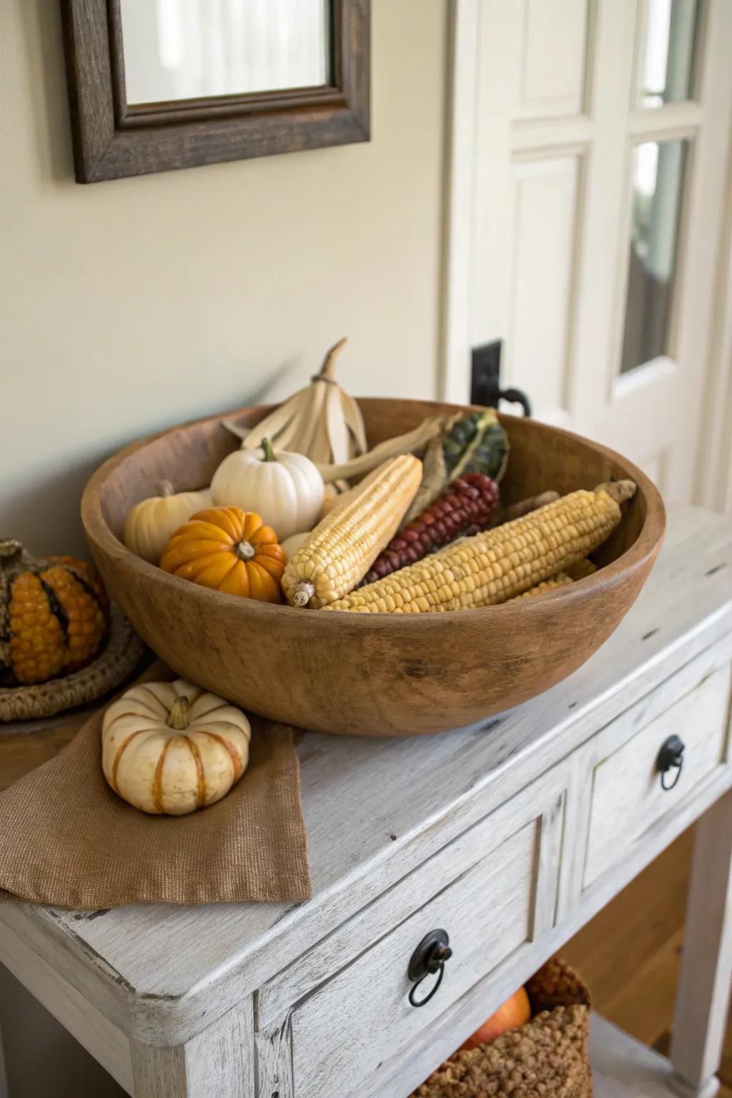 Rustic harvest charm with corn and gourds