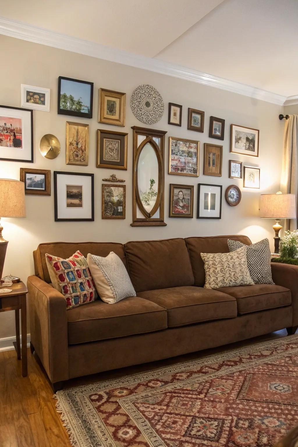 A gallery wall adds personality and depth to a brown living room.