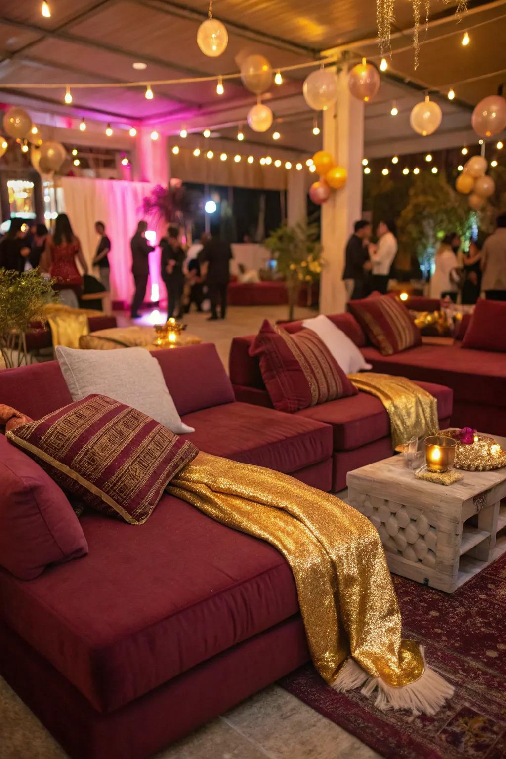 Welcoming relaxation spaces through wine and glimmer accents encourage attendees to unwind.