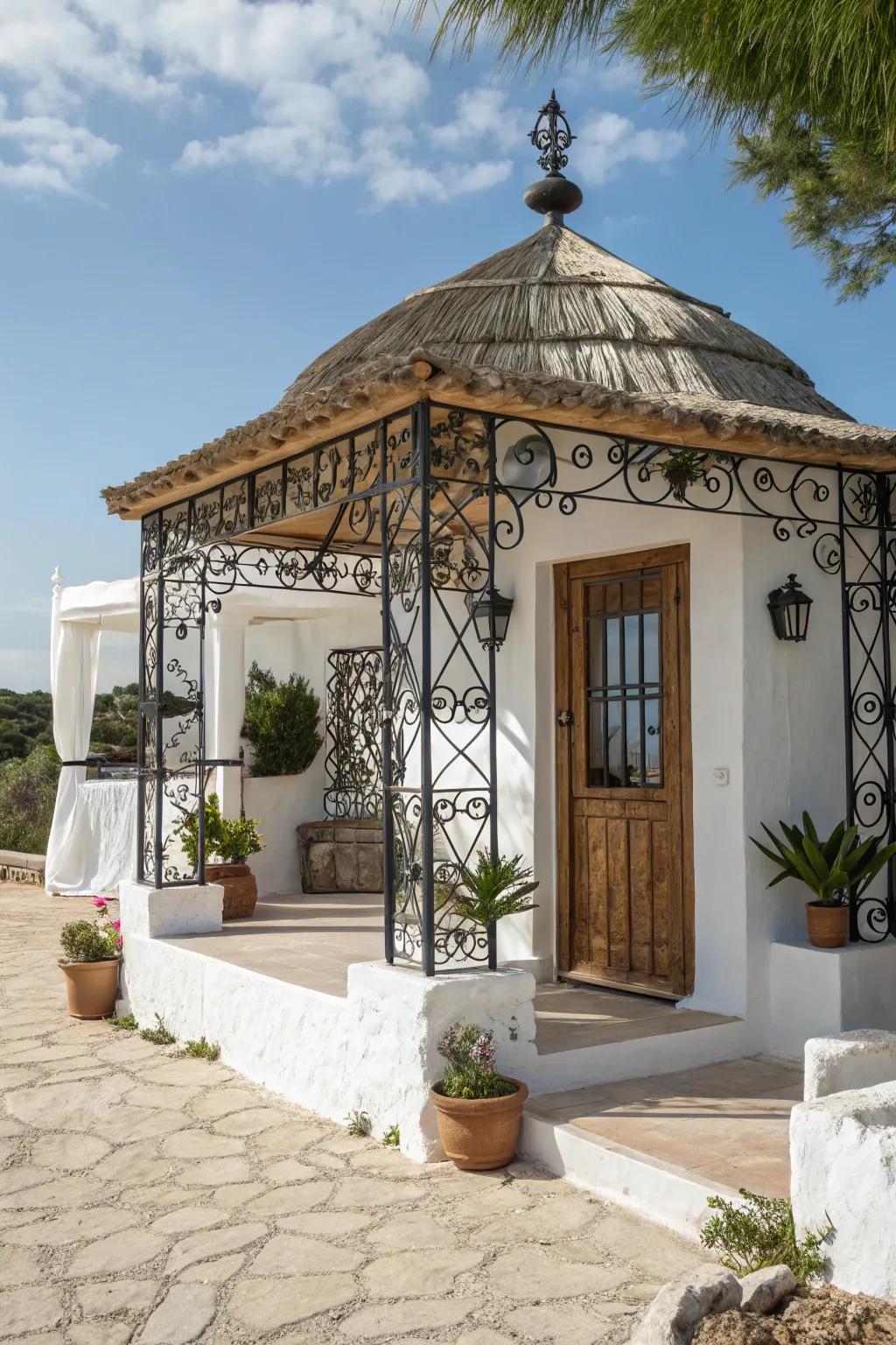 A Mediterranean-style cabana designed to evoke a coastal escape.