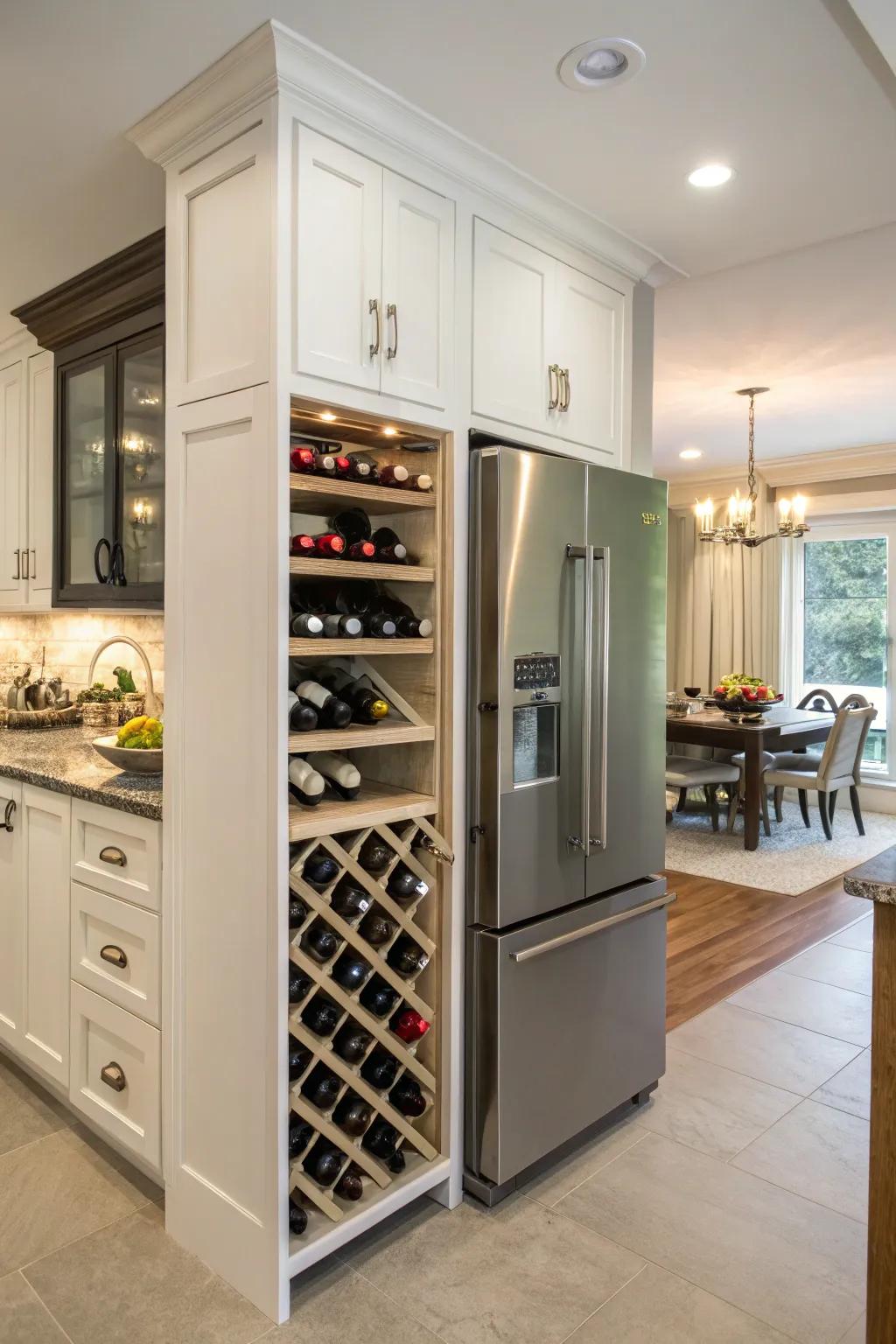 A wine rack above the fridge offers style and function.