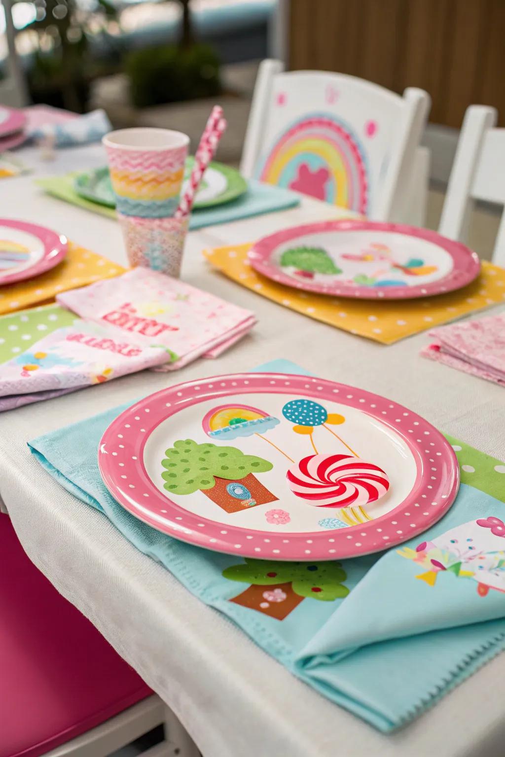 Themed plates and napkins complete the candyland look.