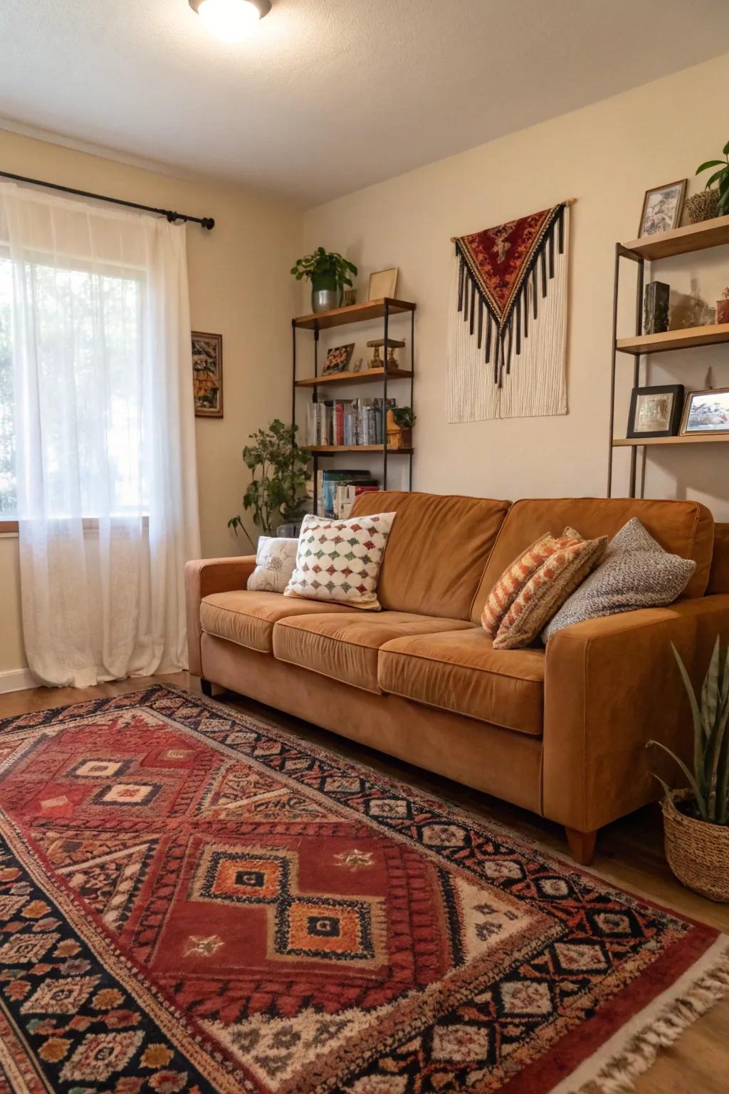 A statement rug anchors the space around a caramel couch.