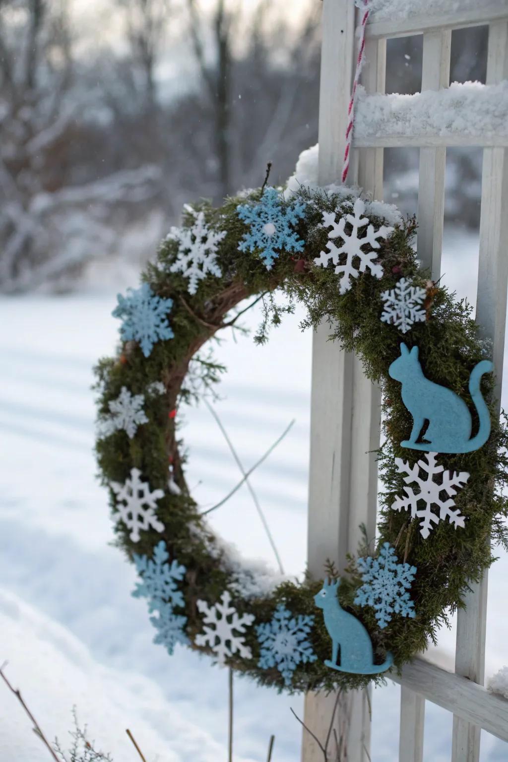 A seasonal snowflake cat wreath perfect for winter.